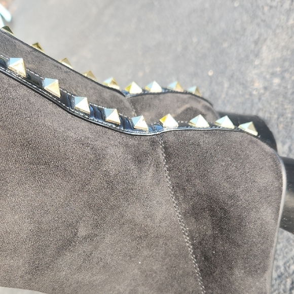 Black Suede Mid-Calf Heeled Boots with Gold Cap Toe and Stud Trim - Picture 7 of 16